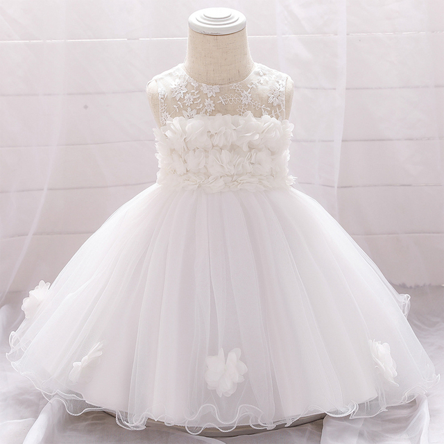 Nowonarodzona sukienka ślubna dla dziewczynki - białe pierwsze urodziny, bez rękawów - Wianko - 12