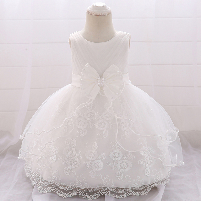 Nowonarodzona sukienka ślubna dla dziewczynki - białe pierwsze urodziny, bez rękawów - Wianko - 3