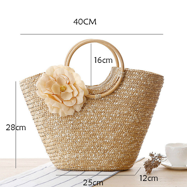 Ręcznie tkana słomiana torebka z uchwytami na kwiaty - nowa letnia torba ratanowa w czterech kolorach - plażowy styl Bohemia - Bali Box - Wianko - 11