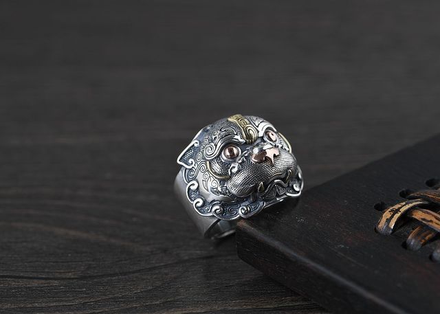 Pierścień Pi Xiu w stylu chińskim, srebrzony, przynoszący szczęście i bogactwo, biżuteria męska - Wianko - 16
