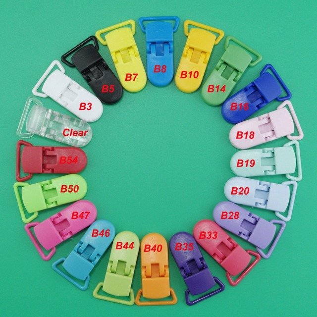 Sutoyuen 200 szt. Mix 20 kolorów 20mm KAM D kształt plastikowych klipsów smoczków zacisk plastikowy smoczka z gryzakiem dla niemowląt z uchwytem na łańcuszek - Wianko - 1