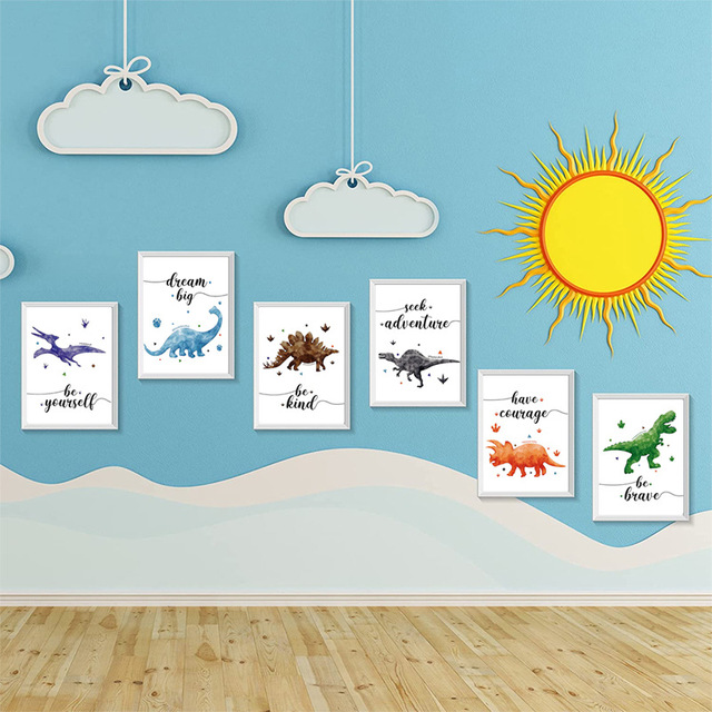 Plakat dziecięcy z europejskim minimalistycznym stylem Cartoon dinozaur w akwareli - Wianko - 5