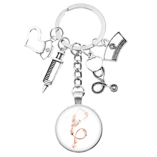 Breloczek na klucze z motywem kreatywnej pielęgniarki: strzykawka, stetoskop, kopułka + wisiorek klucza z obrączką - prezent dla pielęgniarek i lekarzy - Wianko - 4