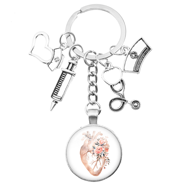 Breloczek na klucze z motywem kreatywnej pielęgniarki: strzykawka, stetoskop, kopułka + wisiorek klucza z obrączką - prezent dla pielęgniarek i lekarzy - Wianko - 9