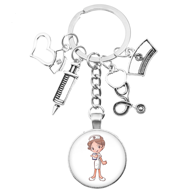 Breloczek na klucze z motywem kreatywnej pielęgniarki: strzykawka, stetoskop, kopułka + wisiorek klucza z obrączką - prezent dla pielęgniarek i lekarzy - Wianko - 16
