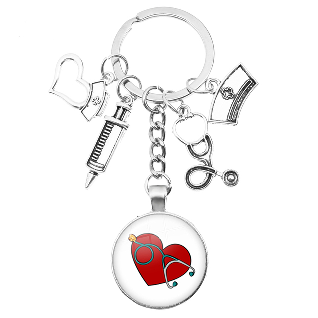 Breloczek na klucze z motywem kreatywnej pielęgniarki: strzykawka, stetoskop, kopułka + wisiorek klucza z obrączką - prezent dla pielęgniarek i lekarzy - Wianko - 12