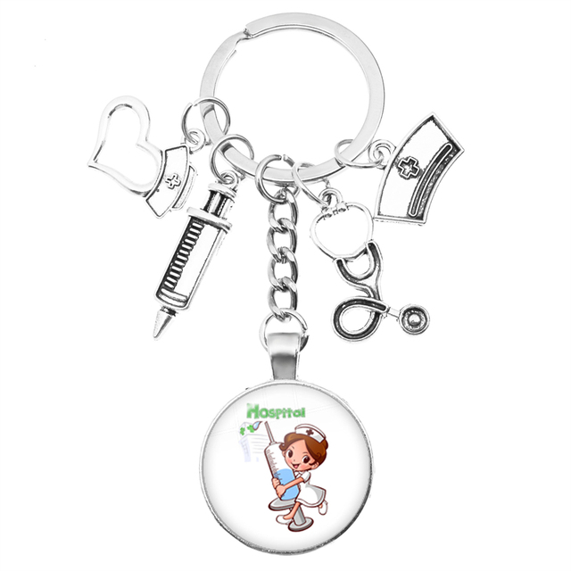 Breloczek na klucze z motywem kreatywnej pielęgniarki: strzykawka, stetoskop, kopułka + wisiorek klucza z obrączką - prezent dla pielęgniarek i lekarzy - Wianko - 15