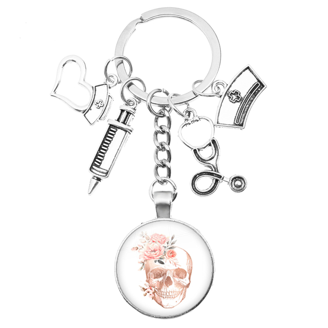 Breloczek na klucze z motywem kreatywnej pielęgniarki: strzykawka, stetoskop, kopułka + wisiorek klucza z obrączką - prezent dla pielęgniarek i lekarzy - Wianko - 7