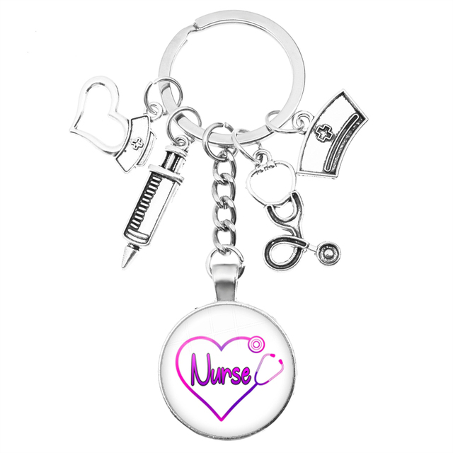Breloczek na klucze z motywem kreatywnej pielęgniarki: strzykawka, stetoskop, kopułka + wisiorek klucza z obrączką - prezent dla pielęgniarek i lekarzy - Wianko - 14