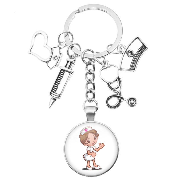 Breloczek na klucze z motywem kreatywnej pielęgniarki: strzykawka, stetoskop, kopułka + wisiorek klucza z obrączką - prezent dla pielęgniarek i lekarzy - Wianko - 20