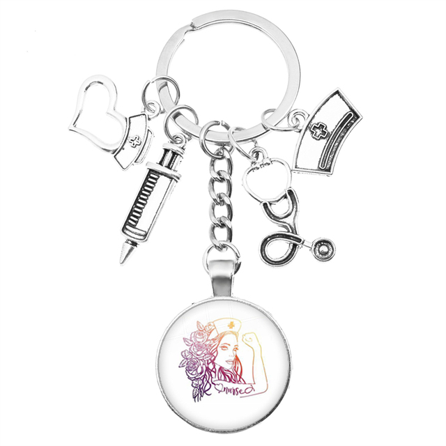 Breloczek na klucze z motywem kreatywnej pielęgniarki: strzykawka, stetoskop, kopułka + wisiorek klucza z obrączką - prezent dla pielęgniarek i lekarzy - Wianko - 11