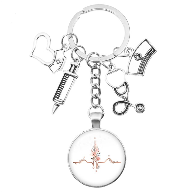 Breloczek na klucze z motywem kreatywnej pielęgniarki: strzykawka, stetoskop, kopułka + wisiorek klucza z obrączką - prezent dla pielęgniarek i lekarzy - Wianko - 18
