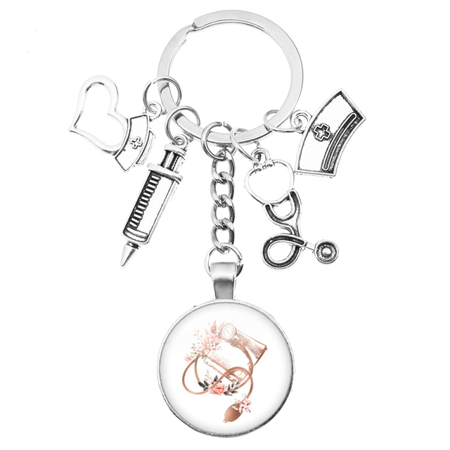Breloczek na klucze z motywem kreatywnej pielęgniarki: strzykawka, stetoskop, kopułka + wisiorek klucza z obrączką - prezent dla pielęgniarek i lekarzy - Wianko - 19