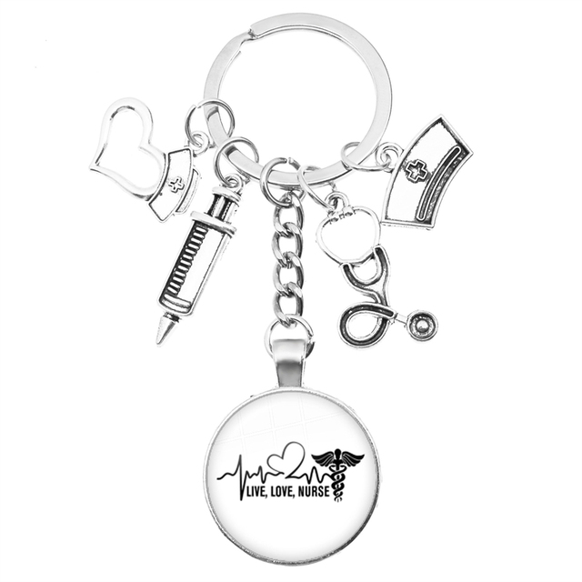 Breloczek na klucze z motywem kreatywnej pielęgniarki: strzykawka, stetoskop, kopułka + wisiorek klucza z obrączką - prezent dla pielęgniarek i lekarzy - Wianko - 10