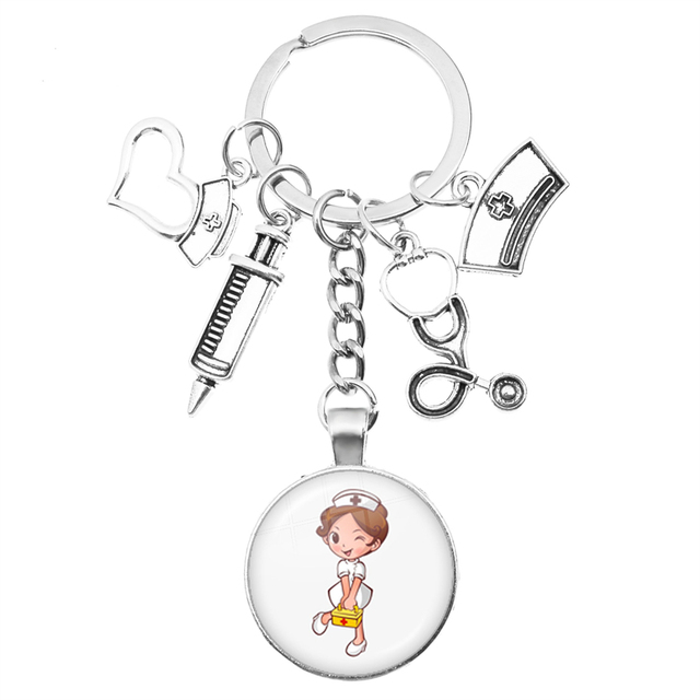 Breloczek na klucze z motywem kreatywnej pielęgniarki: strzykawka, stetoskop, kopułka + wisiorek klucza z obrączką - prezent dla pielęgniarek i lekarzy - Wianko - 17