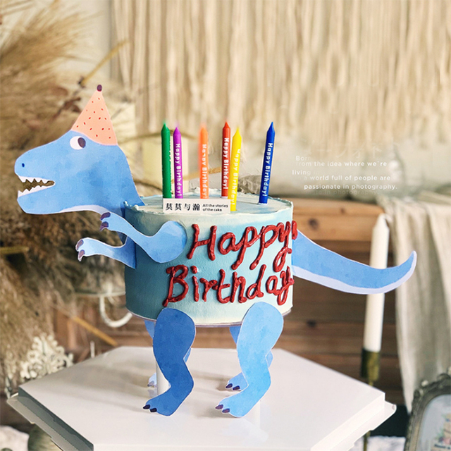 Ozdoba tortu dla dzieci - Niebieski pływający gigant Gartoon dinozaur z liśćmi kokosowymi - Wianko - 4