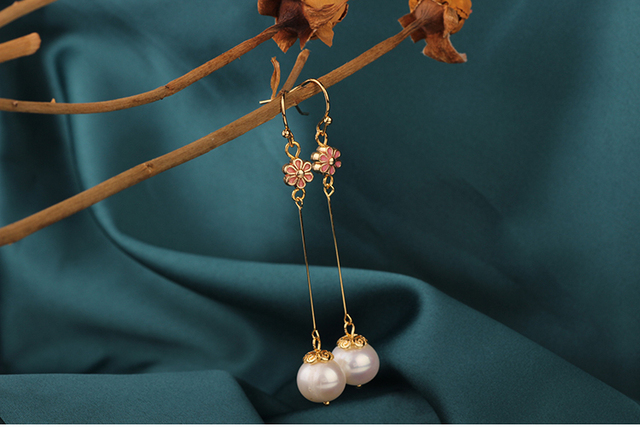 Nowe długie różowe kolczyki Vintage z delikatnymi słodkowodnymi perłami - Wianko - 1