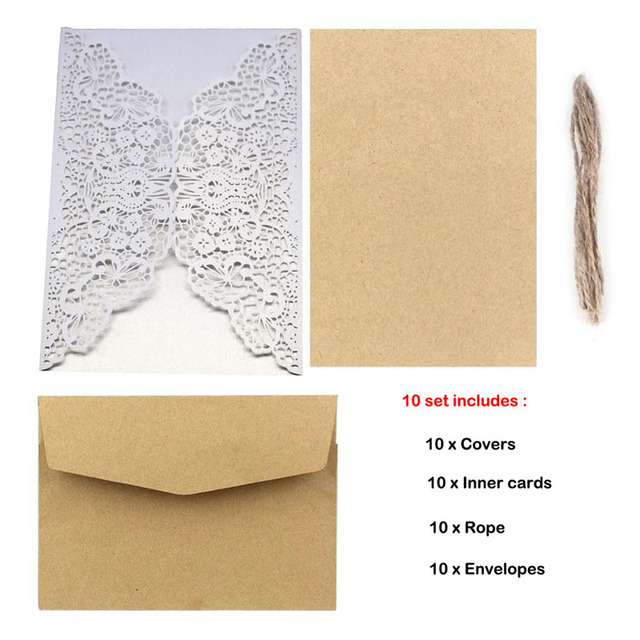 10 zestawów zaproszeń i kartek z rustykalnym papierem, wykrojonymi laserowo koronkami i sznurkiem - idealne na ślub i zaręczyny - Wianko - 1