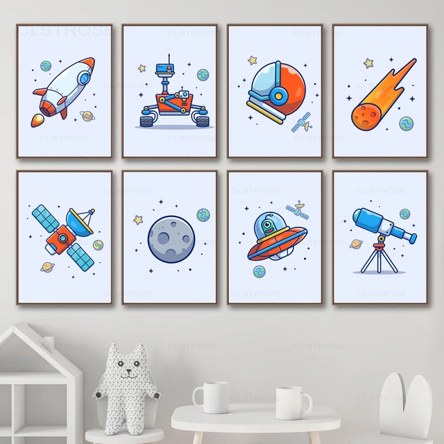 Obraz na płótnie z kreskówkowym motywem kosmosu - planeta, rakieta, teleskop, satelita, Ufo - Wianko - 3