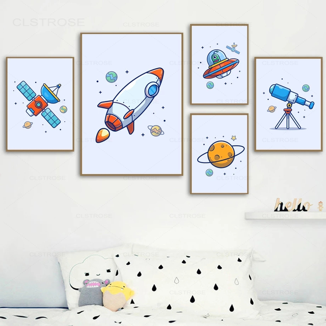 Obraz na płótnie z kreskówkowym motywem kosmosu - planeta, rakieta, teleskop, satelita, Ufo - Wianko - 2