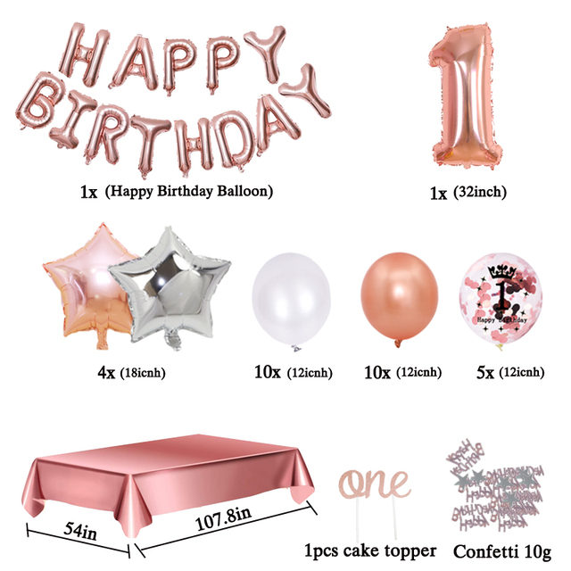 Zestaw 34 różowo-złotych dekoracji DIY na pierwsze urodziny, rocznicę artykuły do dekoracji imprezy: obrus, balon, konfetti - Wianko - 2