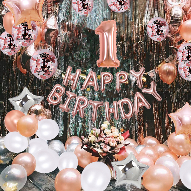 Zestaw 34 różowo-złotych dekoracji DIY na pierwsze urodziny, rocznicę artykuły do dekoracji imprezy: obrus, balon, konfetti - Wianko - 4