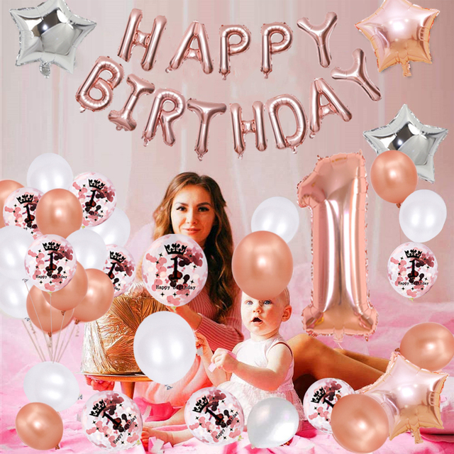 Zestaw 34 różowo-złotych dekoracji DIY na pierwsze urodziny, rocznicę artykuły do dekoracji imprezy: obrus, balon, konfetti - Wianko - 5