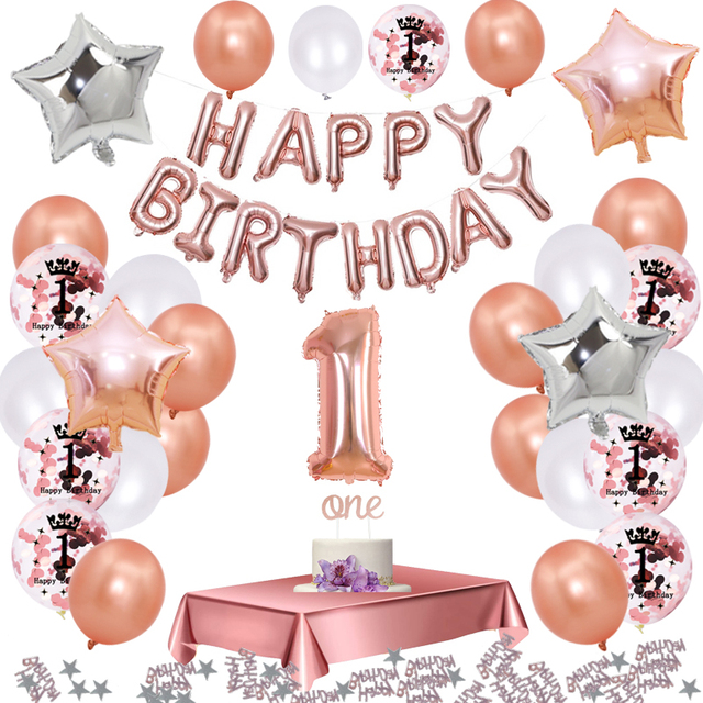Zestaw 34 różowo-złotych dekoracji DIY na pierwsze urodziny, rocznicę artykuły do dekoracji imprezy: obrus, balon, konfetti - Wianko - 1