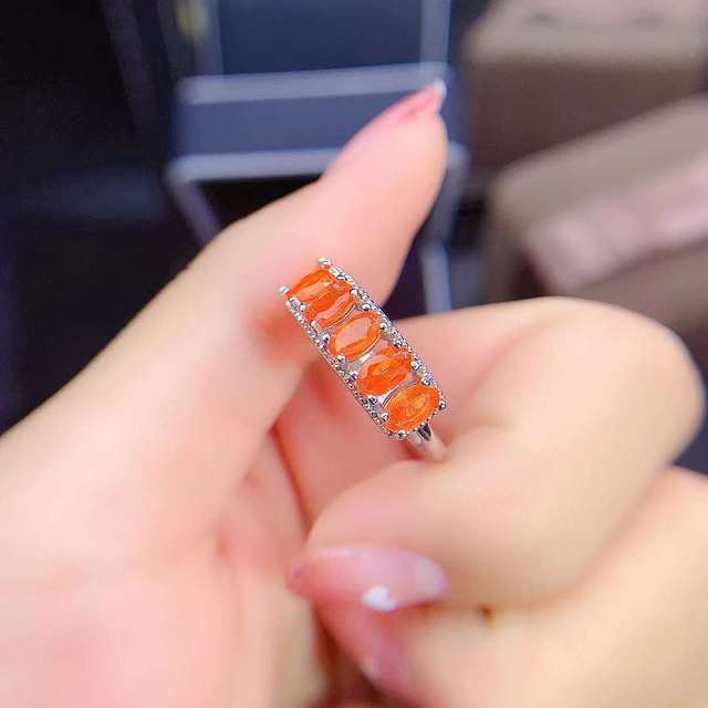 Pierścień ślubny z opalem o kolorze pomarańczowym, owalny, srebrny, 925 - Wianko - 2
