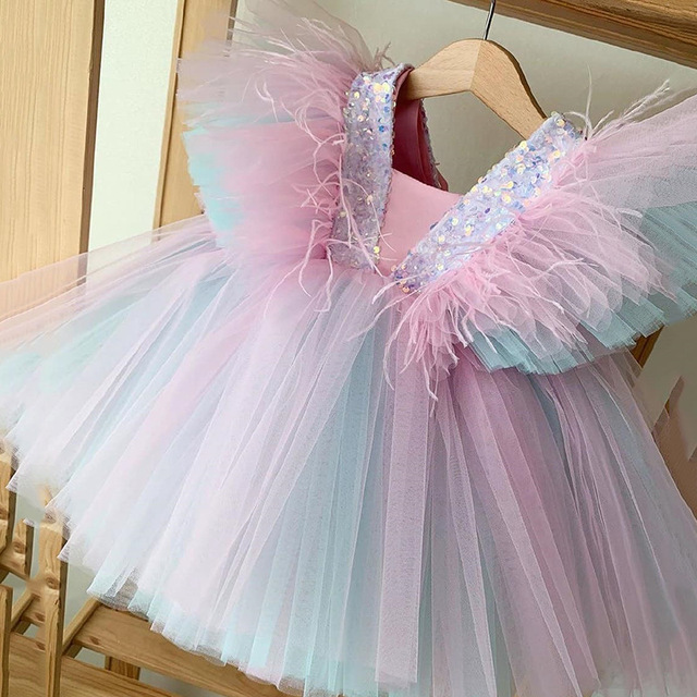 Sukienka dla dziewczynek korowód z dekoltem w szpic, Tuxedo, pióra na ślub - różowe cekiny - Wianko - 3