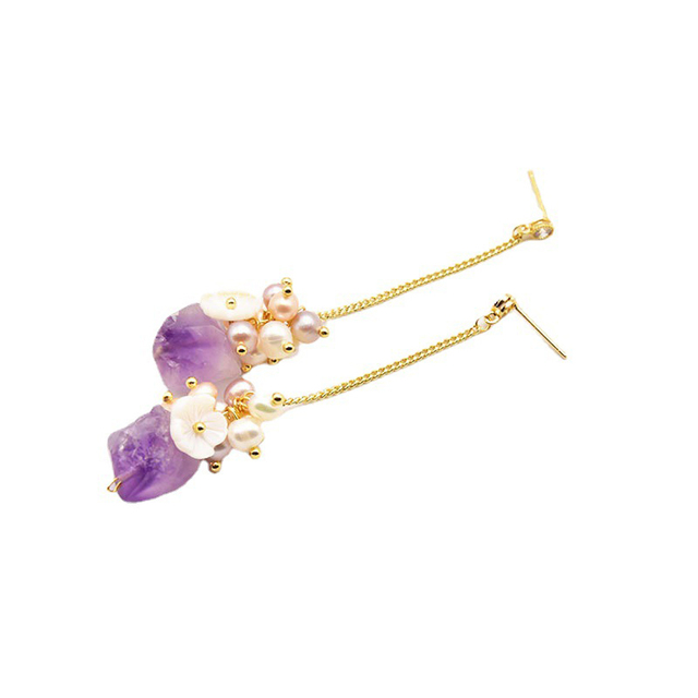 Słodka wiosna - kolczyki sztyfty 2021 z fioletowym kamieniem i prawdziwą perłą - delikatna biżuteria handmade dla kobiet - Wianko - 2