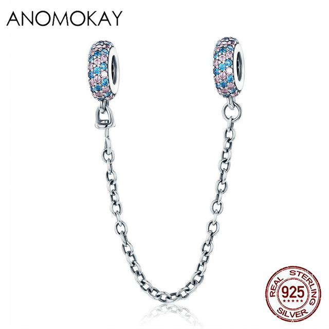 Bransoletka Bangle Anomay z łańcuchem bezpieczeństwa, wykonana z 100% 925 srebra, w kolorach różowego niebieskiego, ozdobiona okrągłymi koralikami CZ - idealna do DIY tworzenia biżuterii dla kobiet i dziewczyn - Wianko - 1