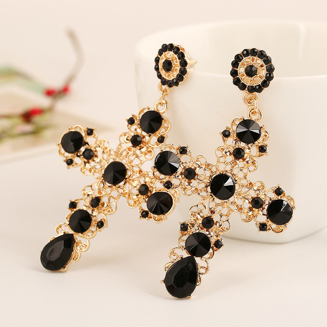 Kolczyki wiszące z czarnym różowym krzyżem i kryształami, biżuteria Vintage, długie kolczyki - Wianko - 15