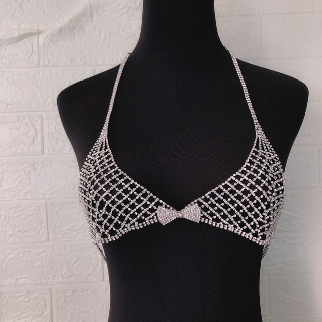 Seksowny luksusowy pasek bikini z połyskującymi kryształami i kokardką, bielizna ciała z biustonoszem i łańcuchem - Wianko - 11