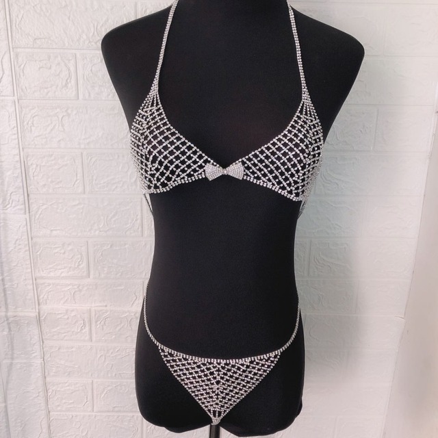 Seksowny luksusowy pasek bikini z połyskującymi kryształami i kokardką, bielizna ciała z biustonoszem i łańcuchem - Wianko - 9