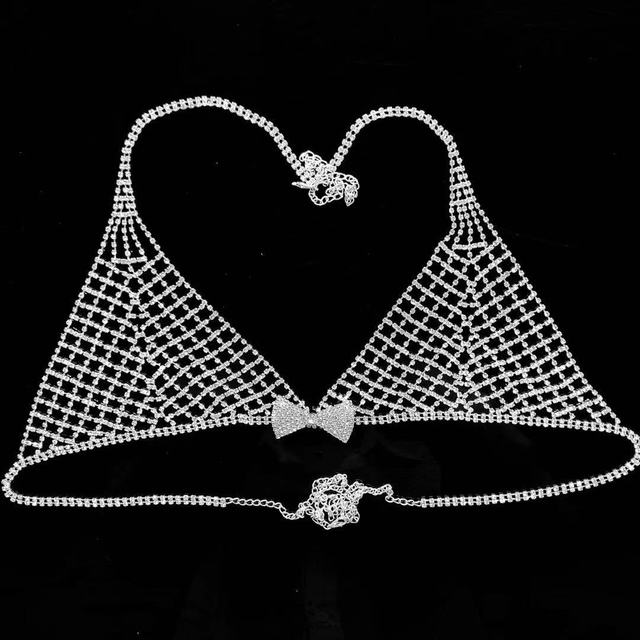 Seksowny luksusowy pasek bikini z połyskującymi kryształami i kokardką, bielizna ciała z biustonoszem i łańcuchem - Wianko - 2