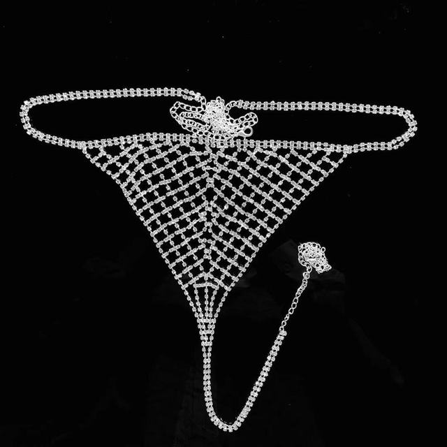 Seksowny luksusowy pasek bikini z połyskującymi kryształami i kokardką, bielizna ciała z biustonoszem i łańcuchem - Wianko - 3