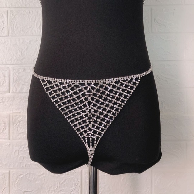 Seksowny luksusowy pasek bikini z połyskującymi kryształami i kokardką, bielizna ciała z biustonoszem i łańcuchem - Wianko - 10