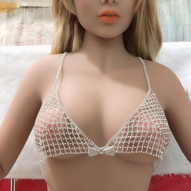 Seksowny luksusowy pasek bikini z połyskującymi kryształami i kokardką, bielizna ciała z biustonoszem i łańcuchem - Wianko - 5