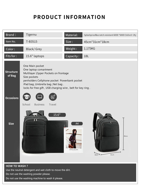 Plecak męski Tigernu marki, wodoodporny, zabezpieczony przed kradzieżą, na laptopa 15.6, duża pojemność z portem USB - Wianko - 2