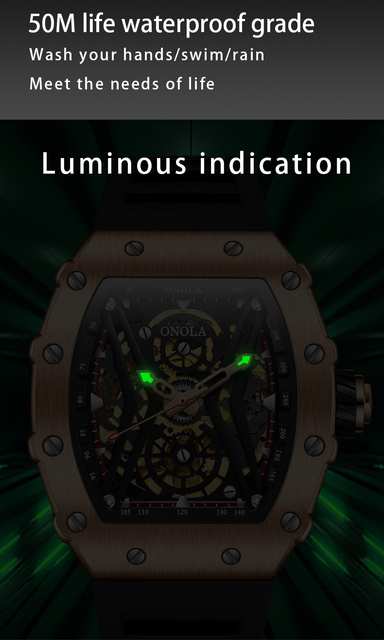 Ręcznie nakręcany zegarek męski ONOLA, stylowy i oryginalny, z kwadratowym szkieletem i efektem luminous - Wianko - 9