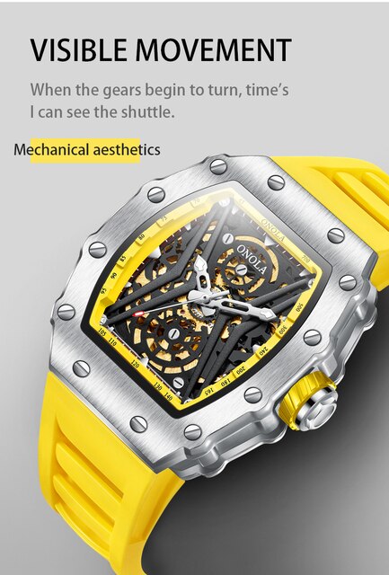 Ręcznie nakręcany zegarek męski ONOLA, stylowy i oryginalny, z kwadratowym szkieletem i efektem luminous - Wianko - 6