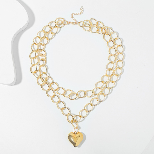 Naszyjnik damski ze złotym łańcuchem, warstwowy, proste duże serce, biżuteria ze stopu Aluminium, styl Punk - Wianko - 3
