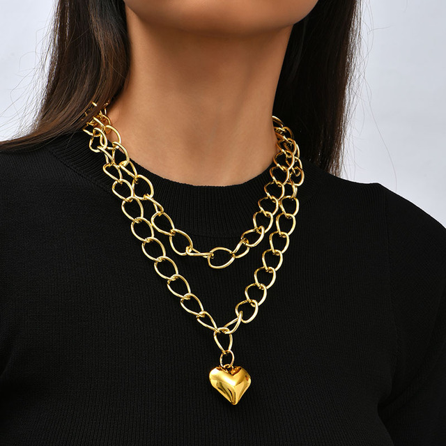 Naszyjnik damski ze złotym łańcuchem, warstwowy, proste duże serce, biżuteria ze stopu Aluminium, styl Punk - Wianko - 2