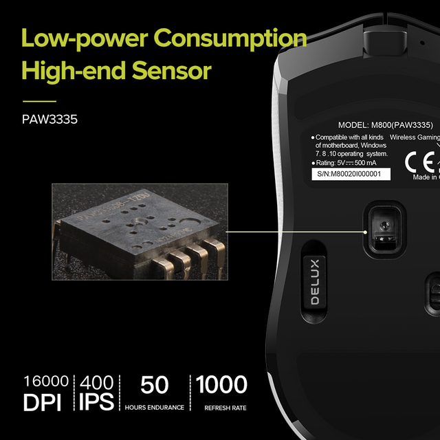 Bezprzewodowa i przewodowa mysz do gier Delux M800 RGB - 2.4Ghz, podwójny tryb, 16000 DPI, ergonomiczna i lekka, z miękkim kablem linowym - Wianko - 8