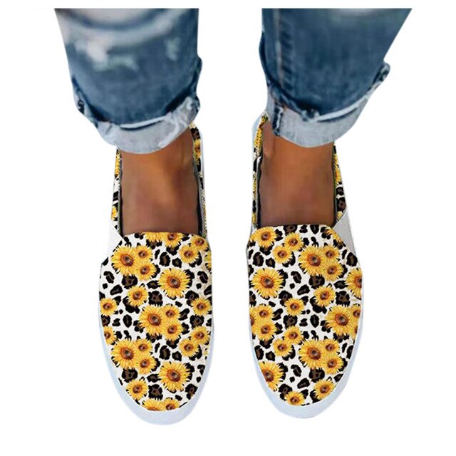 Kobiety płaskie buty jesień 2021 - Pu płótno, leopardowy nadruk, słonecznik - casual, plaża, biuro, impreza - Wianko - 3