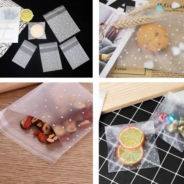 100 sztuk samoprzylepnych plastikowych toreb na przekąski z Polka Dot wzorem i przezroczystymi naklejkami DIY - Wianko - 7
