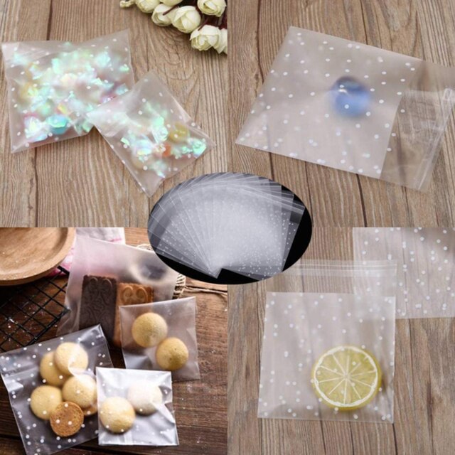 100 sztuk samoprzylepnych plastikowych toreb na przekąski z Polka Dot wzorem i przezroczystymi naklejkami DIY - Wianko - 6