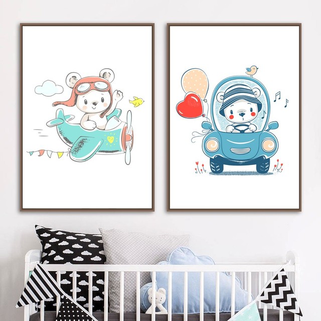Malarstwo na płótnie - obraz do salonu: samolot, łódź, samochód, uroczy balon, niedźwiedź, kreskówka - Wall Art dla dzieci, zwierzęce dekoracje - Wianko - 2