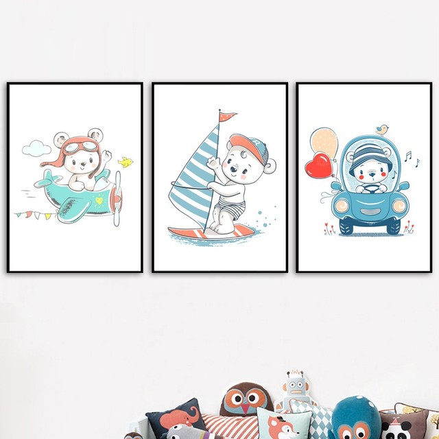 Malarstwo na płótnie - obraz do salonu: samolot, łódź, samochód, uroczy balon, niedźwiedź, kreskówka - Wall Art dla dzieci, zwierzęce dekoracje - Wianko - 4